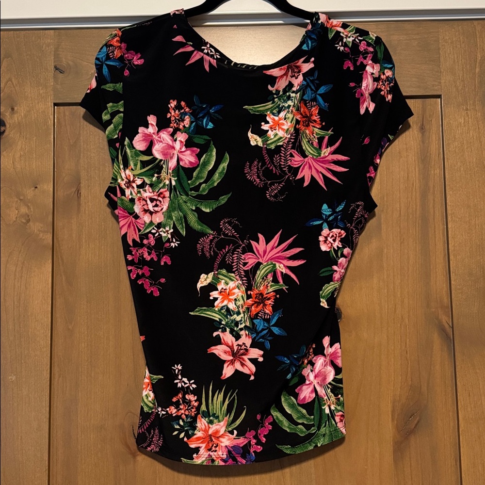 I.N.C. Floral printed lace up Rouched slinky blouse Top Womens L stretch office - Picture 2 of 12